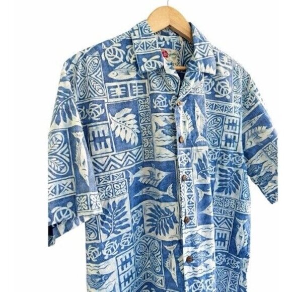 Hilo Hattie Mens Sz Large Blue White Tropcial Reverse Print Button Up Shirt Fish - Picture 2 of 9